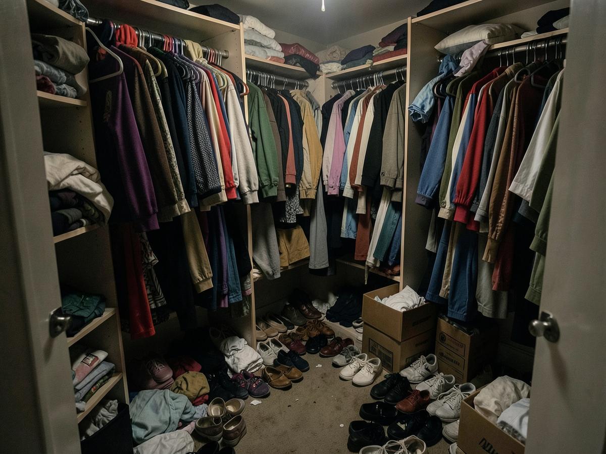 Cluttered closet with clothes piled on hangers and shoes across the floor