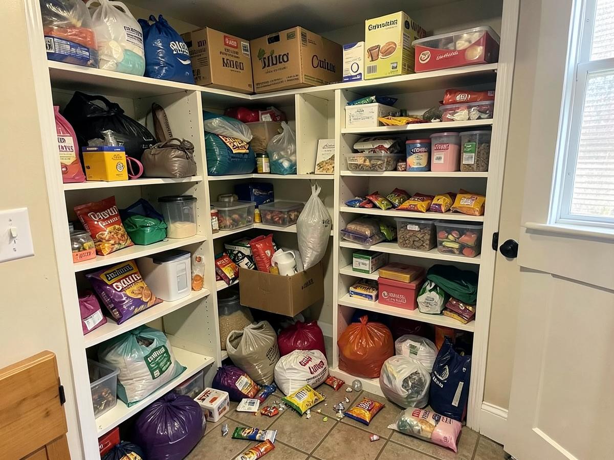 Overflowing pantry with mismatched packaging, bags and clutter on the floor