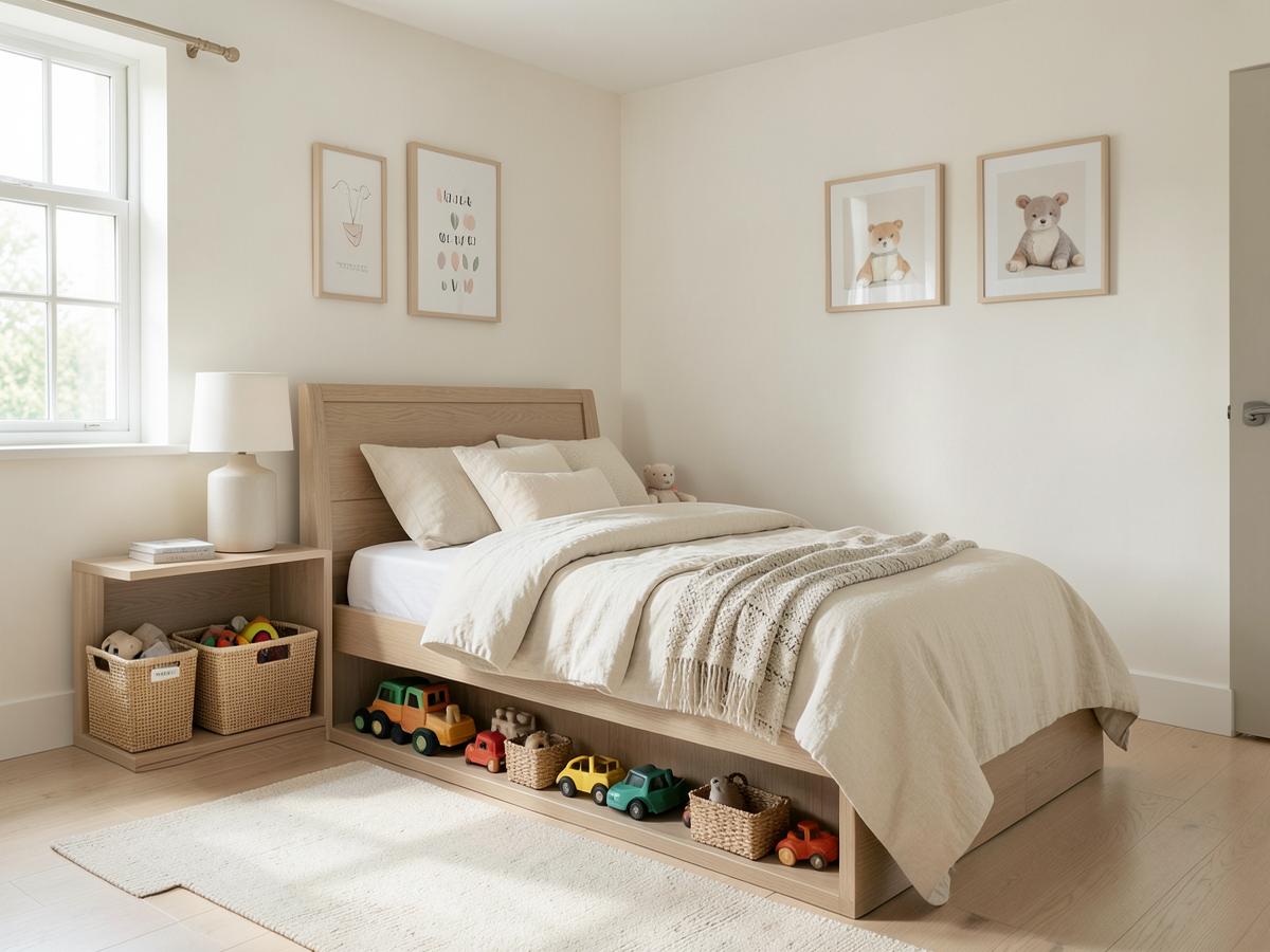 Elegant organized child's bedroom with styled linen bedding and labeled toy baskets