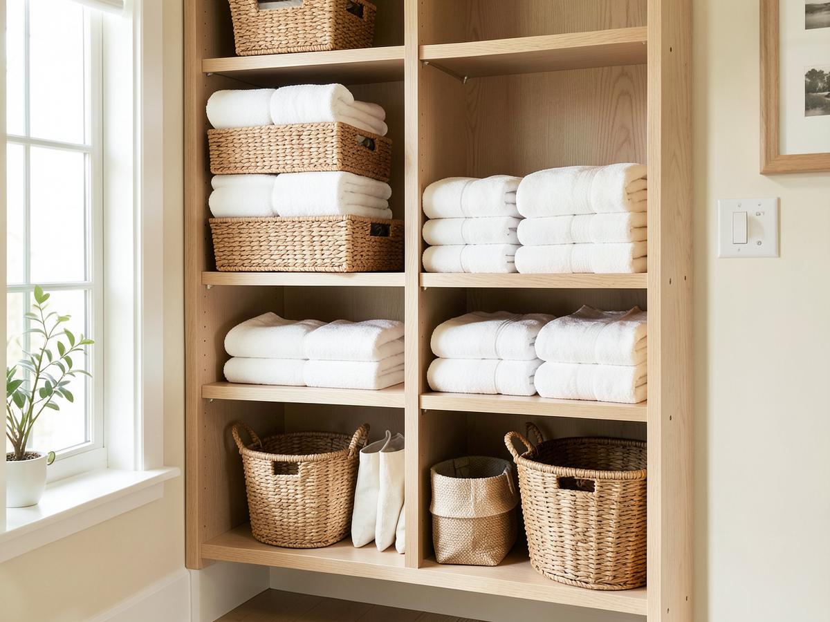 Linen closet with folded white towels in neat stacks and woven storage baskets