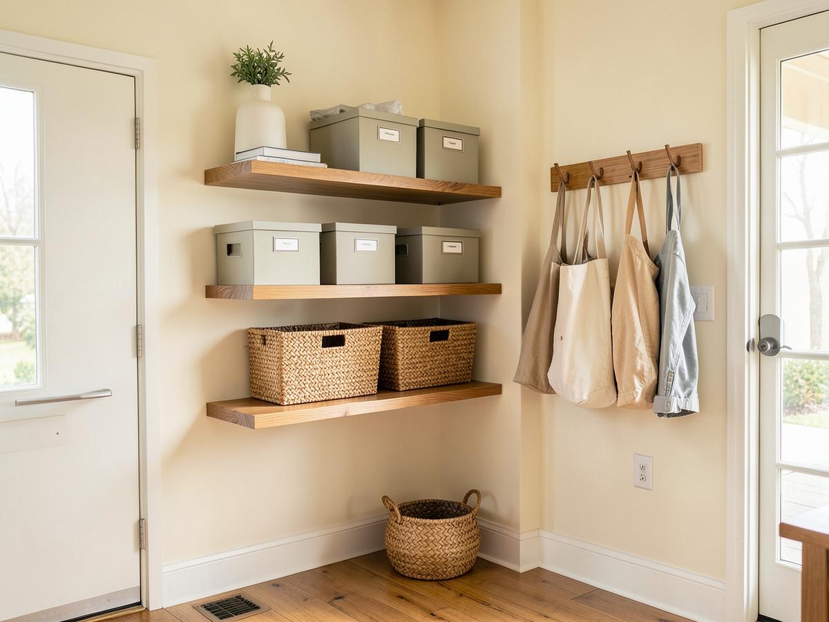 Organized entry drop zone with labeled document boxes, baskets and wall hooks