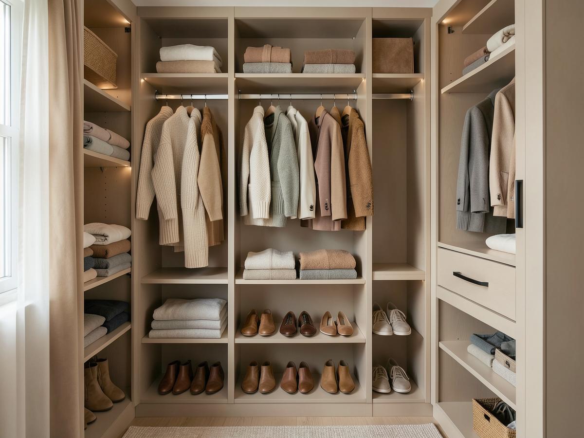 Organized reach-in closet with folded sweaters, aligned shoes and a warm neutral palette