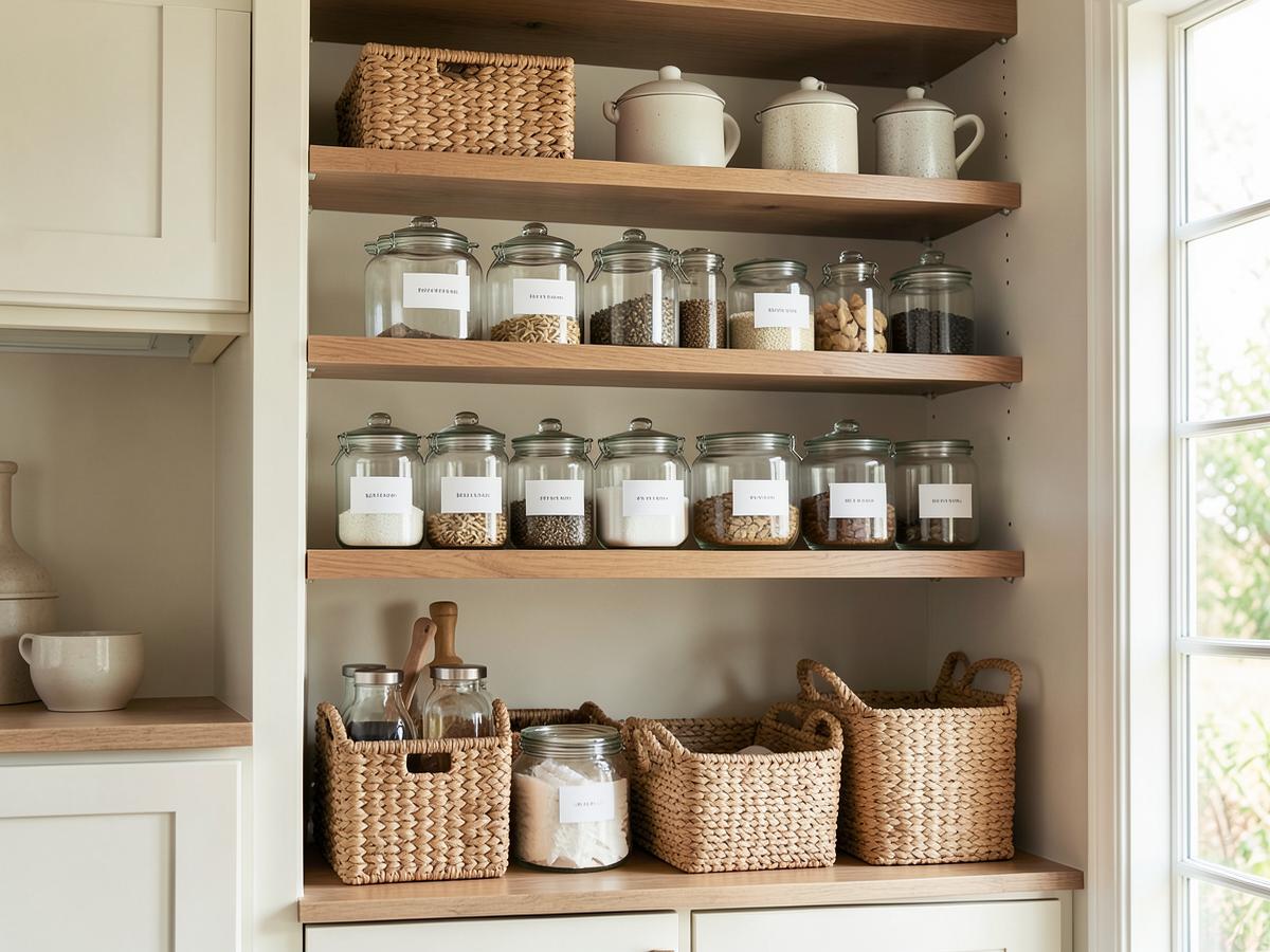 Organized pantry with glass canisters, labels, woven baskets and oak shelving